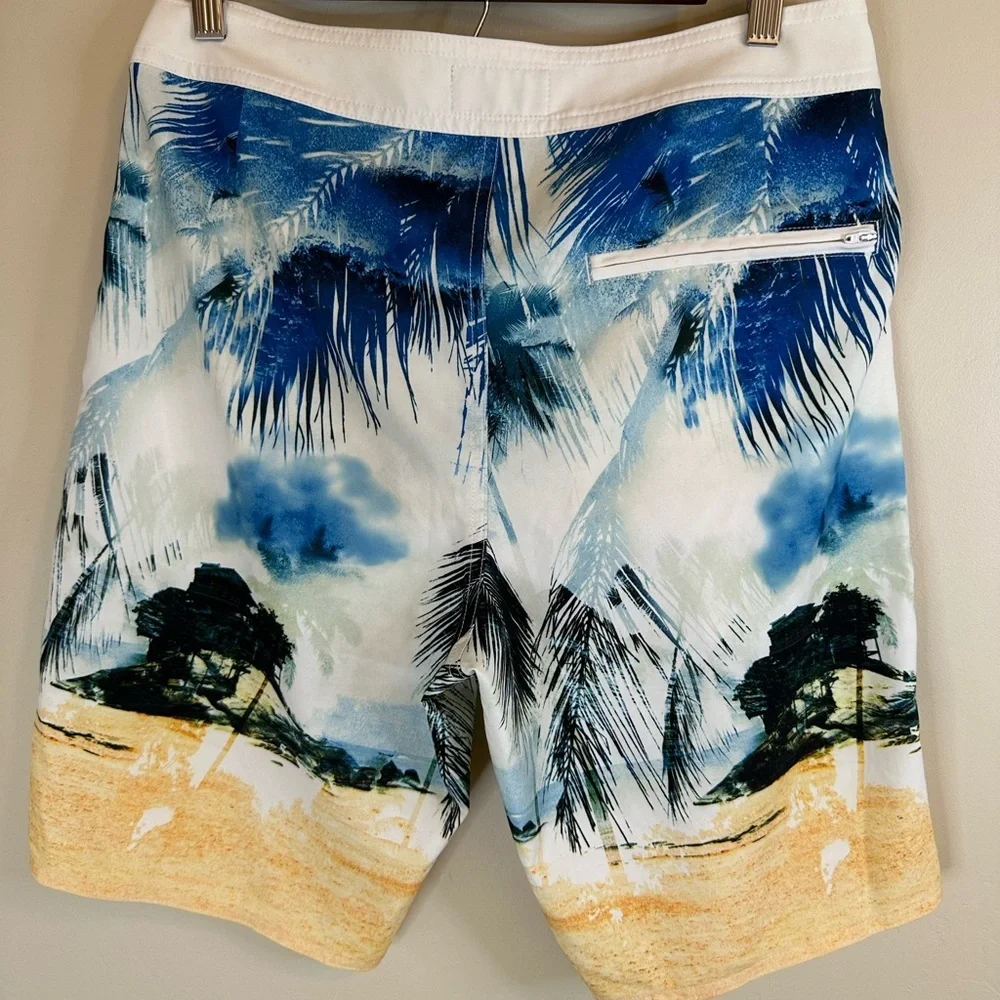 American Eagle Men’s Small Swim Blue White Palm-Print Board Shorts - 10”